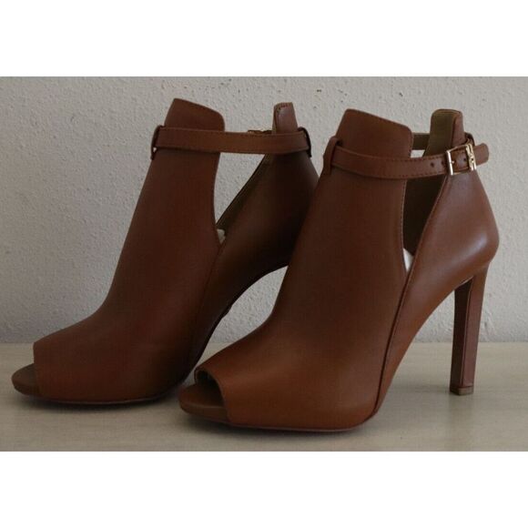 Michael Kors Women's Sz 7M Brown Lawson Open Toe Leather Stiletto Booties - Picture 2 of 12